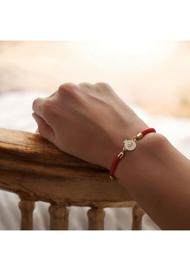 Gül İsmine Özel 14 Ayar Altın Plakalı Nar Motifli İpek Örgülü Hediye Bileklik-323isim-kırmızı Altın