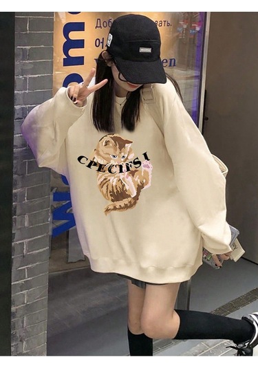 Karikatür & Harf Grafik Düşük Omuz Oversize Sweat-trzksw3471 Kayısı