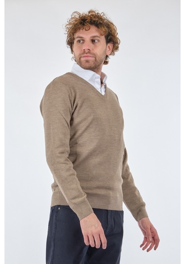 De Blasıo V Yaka Uzun Kollu Bej-Melanj Erkek Kazak 222340020 Bej Melanj