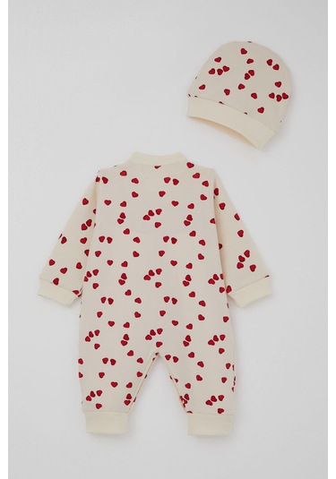 Breeze Kız Bebek Tulum Sevgi Temalı Kalp Desenli 0-6 Ay, Krem Krem