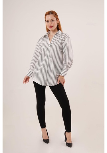 Çift Çizgi Geçişli Düğmeli Gri Gömlek Karışık Çok Renkli