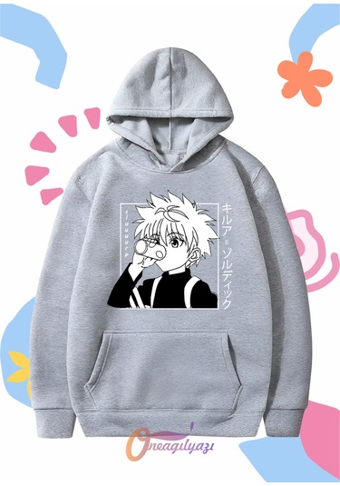 Çocuk Unisex Hunter Killua Anime Baskılı Oversize Kapüşönlü Sweatshirt Gri