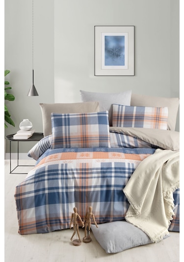 Lastikli Çarşaflı Çift Kişilik Nevresim Takımı Plaid Lacivert