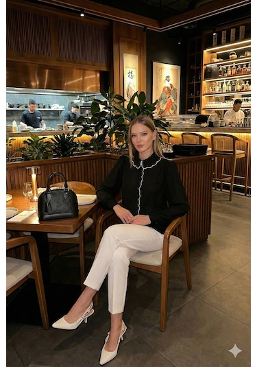 Lela Yaka Detaylı Regular Fit Şifon Bayan Gömlek 61114410 Siyah-Ekru