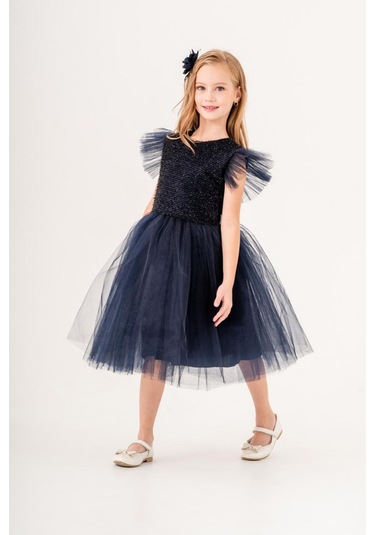 Tüllü Kız Çocuk Kpl Elbise Mnk0526 Koyu Lacivert