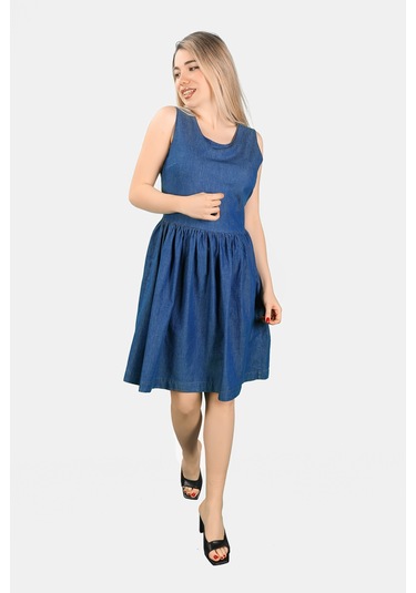 Kolsuz İnce Kot Elbise Mavi