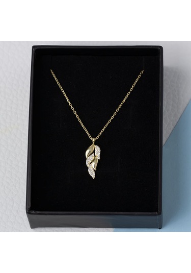 Nagiss Yaprak Model Zirkon Taşlı 925 Ayar Gümüş Gold Rengi Kadın Kolye Gold