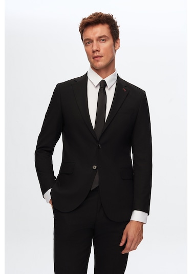 D'S Damat Slim Fit Düz Likralı Esnek Mono Yaka Çift Yırtmaçlı Astarlı Takim Elbise Siyah