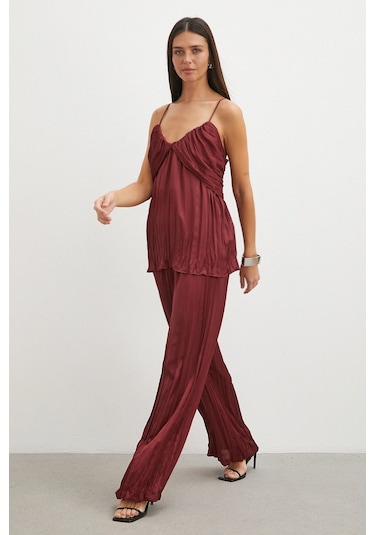 Uterpe Mürdüm Pliseli Saten Pantolon Bordo