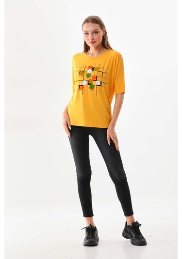 Sistas Kadın Kare Desenli Kısa Kol Bluz 23098 Sarı