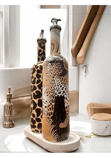 Leopar Desenli Zeytinyağı Sıvıyağ Şişesi Yağdanlık Yağlık, Sirkelik, Sosluk 2'li Set, Ev Dekoru Kahverengi