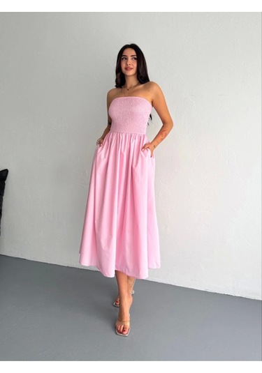 Straplez Pileli Elbise - Pembe Pembe