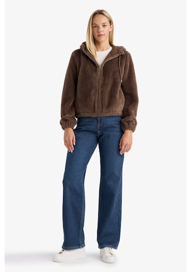 Defacto Regular Fit Polar Astarlı Kapüşonlu Fermuarlı Suni Kürk F2148ax25wnbn500 Kahve