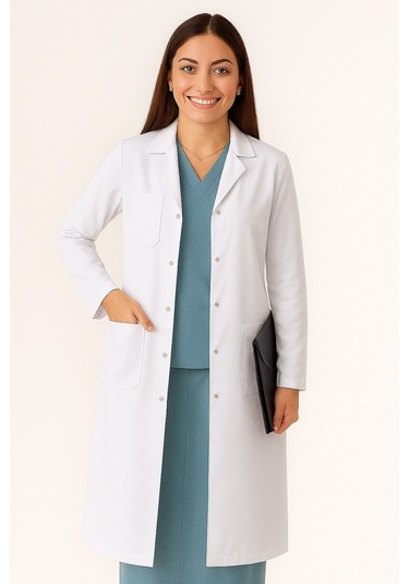 Kadın Klasik Yaka Alpaka Kumaş Slim Fit Önlük, Doktor, Öğretmen, Hemşire, Stajyer, Çalışma Önlüğü Beyaz