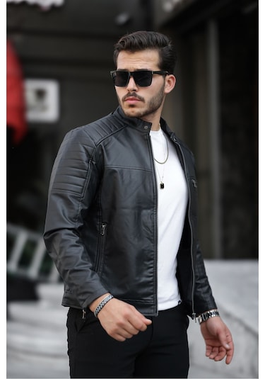 Erkek Yeni Sezon Siyah Dar Kesim Deri Ceket & Mont Siyah