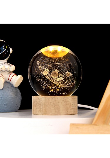 Mufunye 6cm Dünya Kristal Top + 6cm Yuvarlak Isımsı Işıklı Ahşap Tabanlı Usb Güneş Sistemi 3d Işıklı Masaüstü Dekoratif Aydınlatıcı Hediyelik Ürün