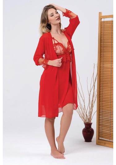 Nbb Kadın Kırmızı Queen Dantel İşlemeli Gecelik Sabahlık Takım Kırmızı