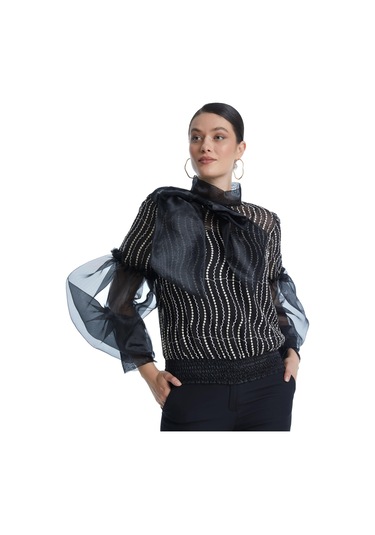 Desenli Transparan Kadın Bluz - Fiyonk Detaylı - Balon Kollu - Modern Ve Şık Tasarım - Özel Gün Ve Davet İçin Bluz Siyah