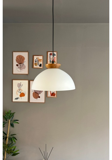 Perry Beyaz Cam Tekli Avize Ahşap Tabak Başlık Retro Sarkıt Lamba Restoran Salon Aydınlatma Beyaz