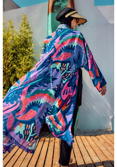 Remsa Tesettür Mayo Üzerine Tek Kaftan Kimono Pareo Mor Rp028 Morika Mor