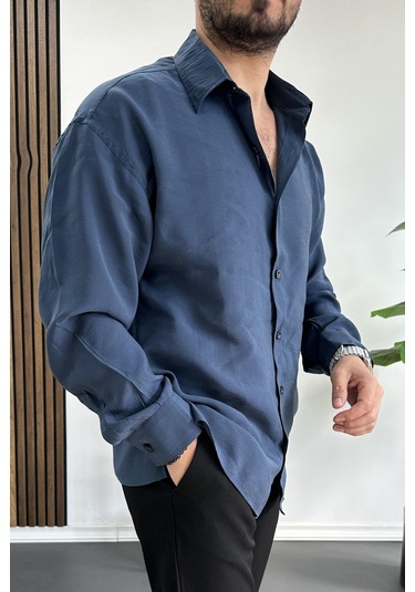 Erkek Salaş Modal Kumaş Gömlek Mavi Edw267 Mavi