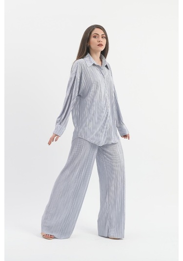 Düğme Detaylı Örme Pilise Takım - Gri-gri Gri