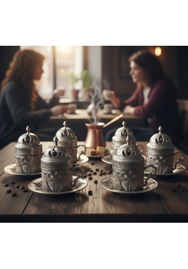 Defne 6 Kişilik 24 Parça Porselenli Gümüş Renk Kahve Fincan Seti Gümüş