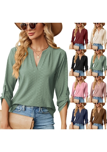 Sones Düz Renk Jakarlı V Yaka Düğmeli Üç Çeyrek Kol Bol Tişört Üst Lacivert