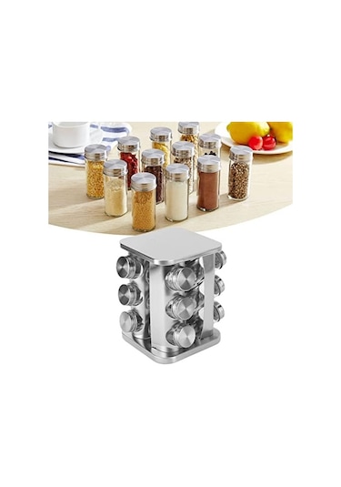 Döner Tezgah Üstü Baharatlık Rafı, 12 Adet Baharatlık Seti Gümüş