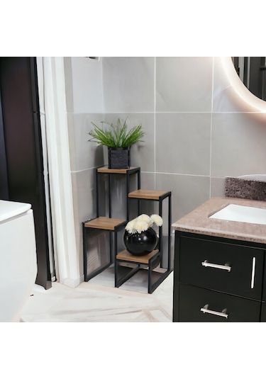 Metal Saksılık 4 Ahşap Raflı Dekoratif Saksı Standı Garden Çam