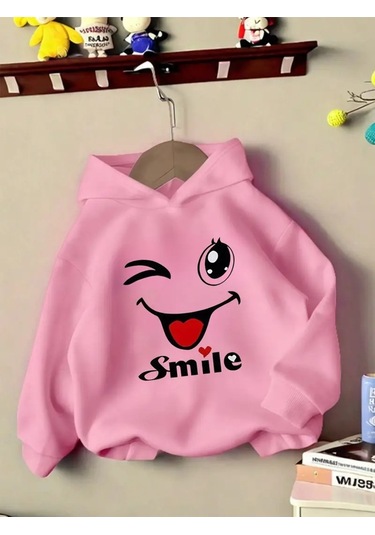 Kışlık Kapüşonlu Sweatshirt, Çocuk Smile Dil Çıkaran Gülen Yüz Baskılı Pembe
