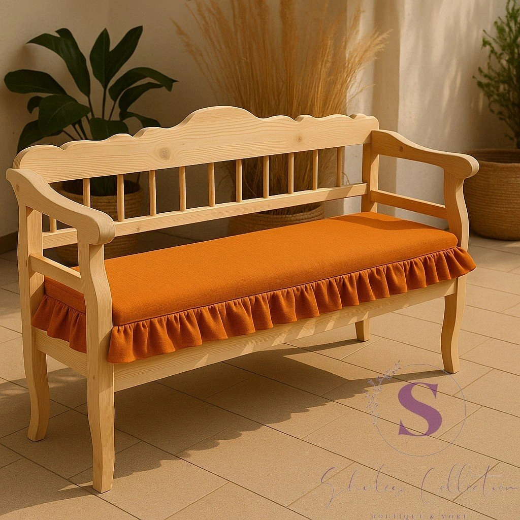 El Yapımı Buldan Yıkanmıs Keten 4 Tarafı Fırfırlı Bank Minderi 110x50x5cm Kiremit