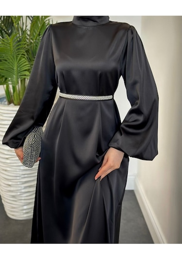 Kemer Taşlı Tesettür Abiye Siyah