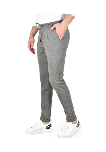 Deepsea Erkek Gri Beli Lastikli Slim Fit Likralı Duble Paça Penye Spor Pantolon 2502385 Gri