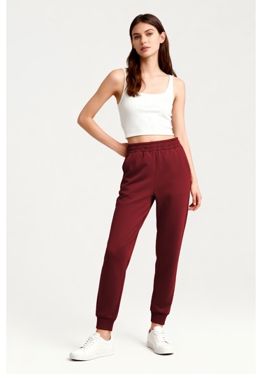 Tommy Life Bordo Yüksek Bel Jogger Rahat Form Manşetli Kadın Eşofman Alt - 94561 Bordo