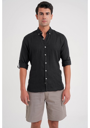 Comfort Fit Düğme Yaka Katlanır Kol %100 Keten Düz Siyah Gömlek G 1595 Siyah