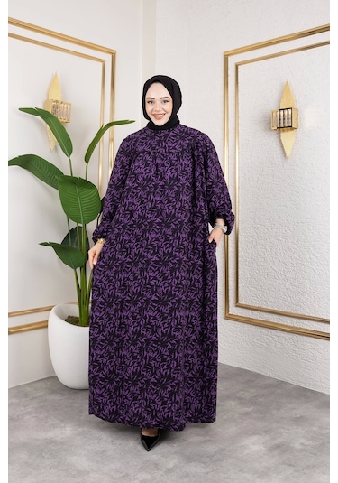 Nevayla Moda Robalı Desenli Viskon Elbise - Mor / E0126 Mor