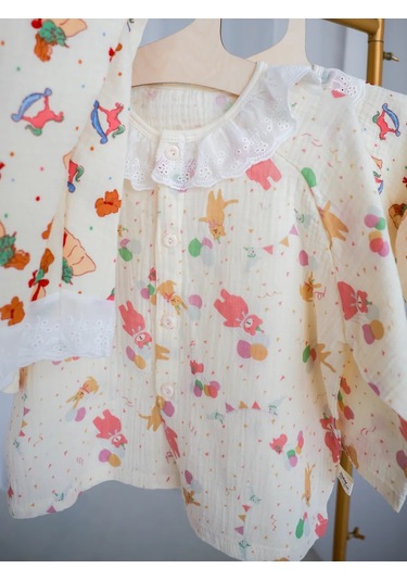 Desenli Çocuk Müslin Pijaması Ayıcıklar 389116453 Bej