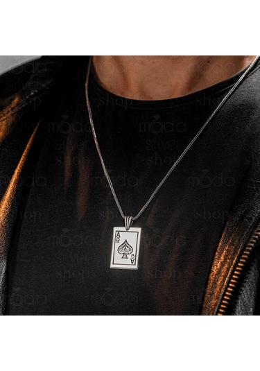 925 Ayar Gümüş Maça Ası Tasarım Erkek Kolye Gümüş