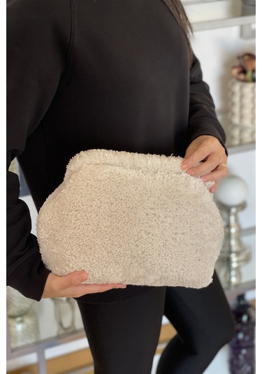 El Yapımı Ekru Renk Teddy Yün Örgü El Çantası Ekru
