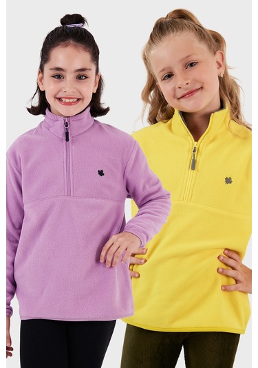 Lela Yumuşak Dokulu Fermuarlı Dik Yaka Şardonlu 2'Li Paket Çocuk Polar 5905002S2 Lila-Sarı