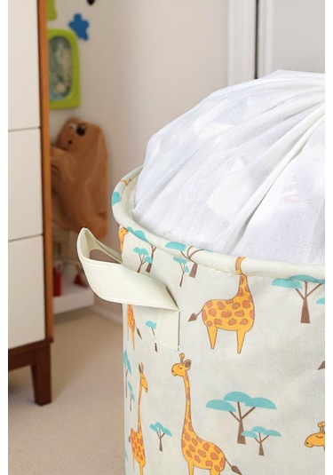 İronika Graffe Büzgülü Sepet Oyuncak Çamaşır Havlu Sepeti Yuvarlak Temiz Kirli Çamaşır Sepeti Ekru