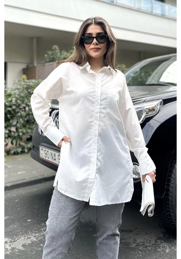 Kadın Ekru Terikoton Kumaş, Yırtmaçlı, Rahat Uzun Gömlek Beyaz