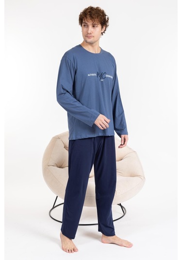 Erkek Penye Pamuk Regular Kalıp Sıfır Yaka Kaliteli Pijama Takımı A803123 Mavi