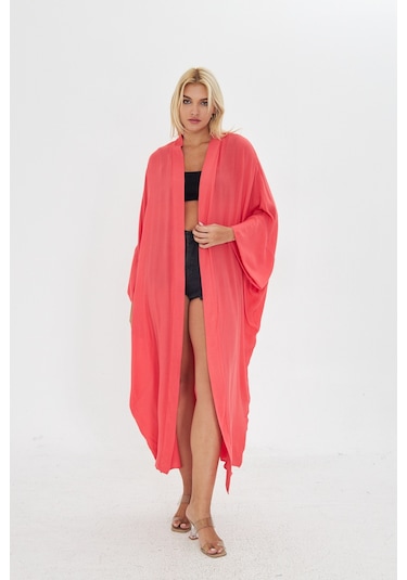Kutaf Nar Çiçeği Uzun Kimona/ Beachwear Narçiçeği