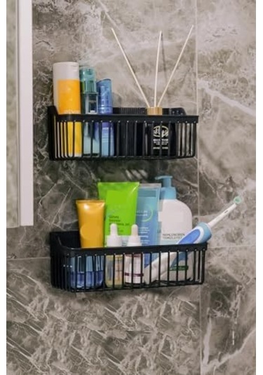Yapışkanlı Banyo Rafı, 2'li Banyo Düzenleyici, Duş Rafı Organizer Şampuanlık, Duşakabin Rafı, Banyo Organizeri, Banyo Askısı Plastik Siyah