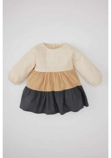 Defacto Kız Bebek Renk Bloklu Uzun Kollu Keten Görünümlü Elbise C0767A524SPBG65 Bej
