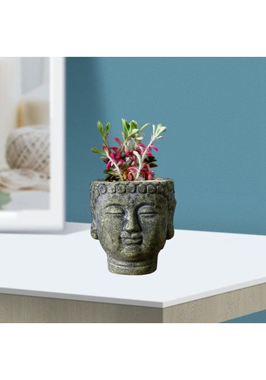 Suntek Çimento Buda Head Pot Statue Bonsai Çiçek Vazo Yeşil