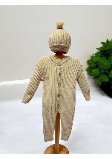 Bebek Örgü Fitilli Bereli Kışlık Tulum-15298 Bej