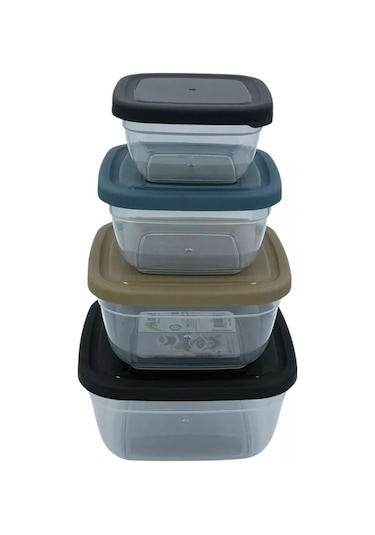 Asude Renkli Kapaklı Vakumlu Kare Saklama Kabı Seti 4 Lü Şeffaf
